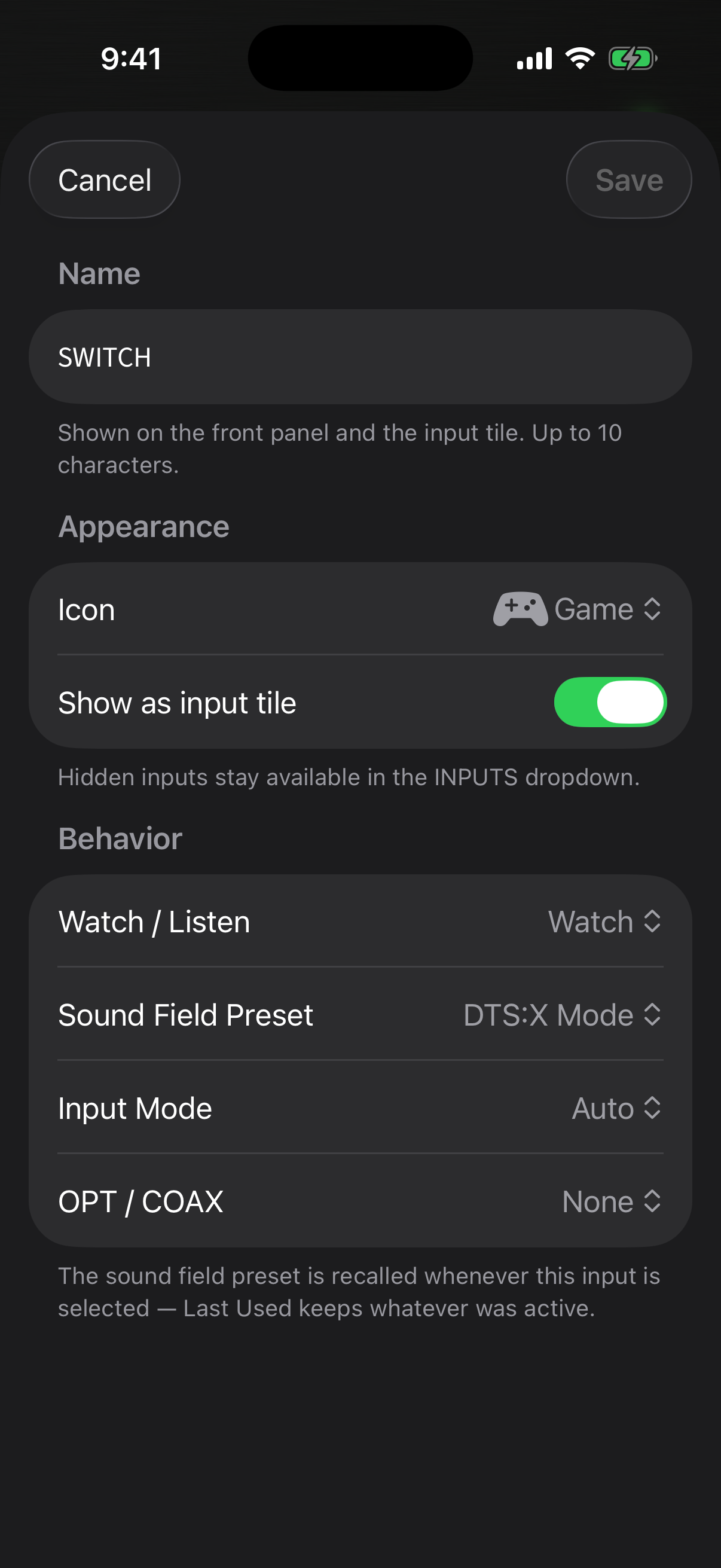 Couch Amp input editor: rename inputs, choose icons, set per-input sound field presets on the receiver itself