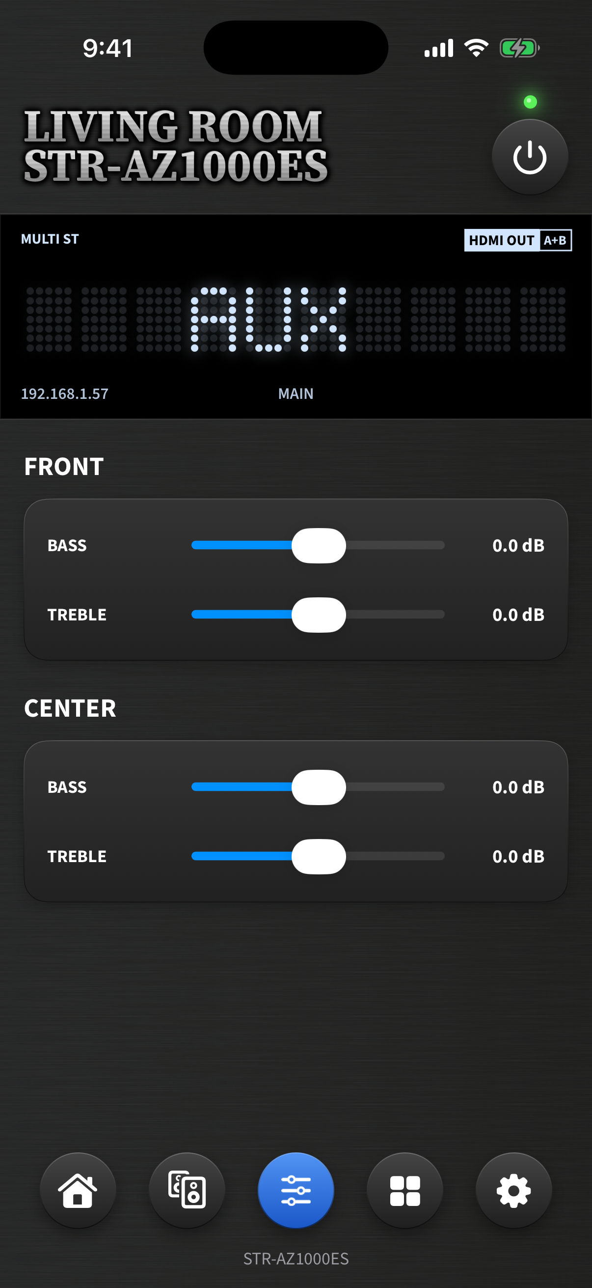Couch Amp EQ page with bass and treble sliders per speaker group