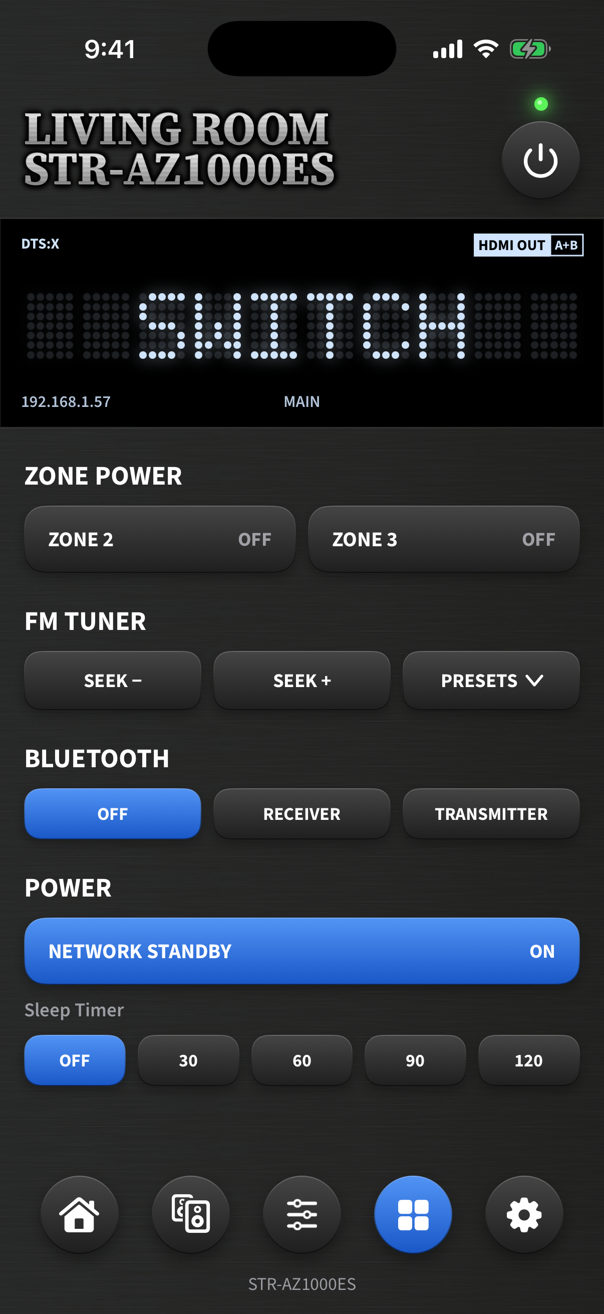 Couch Amp extras page: zone power, FM tuner presets and seek, Bluetooth codecs, network standby, and sleep timer