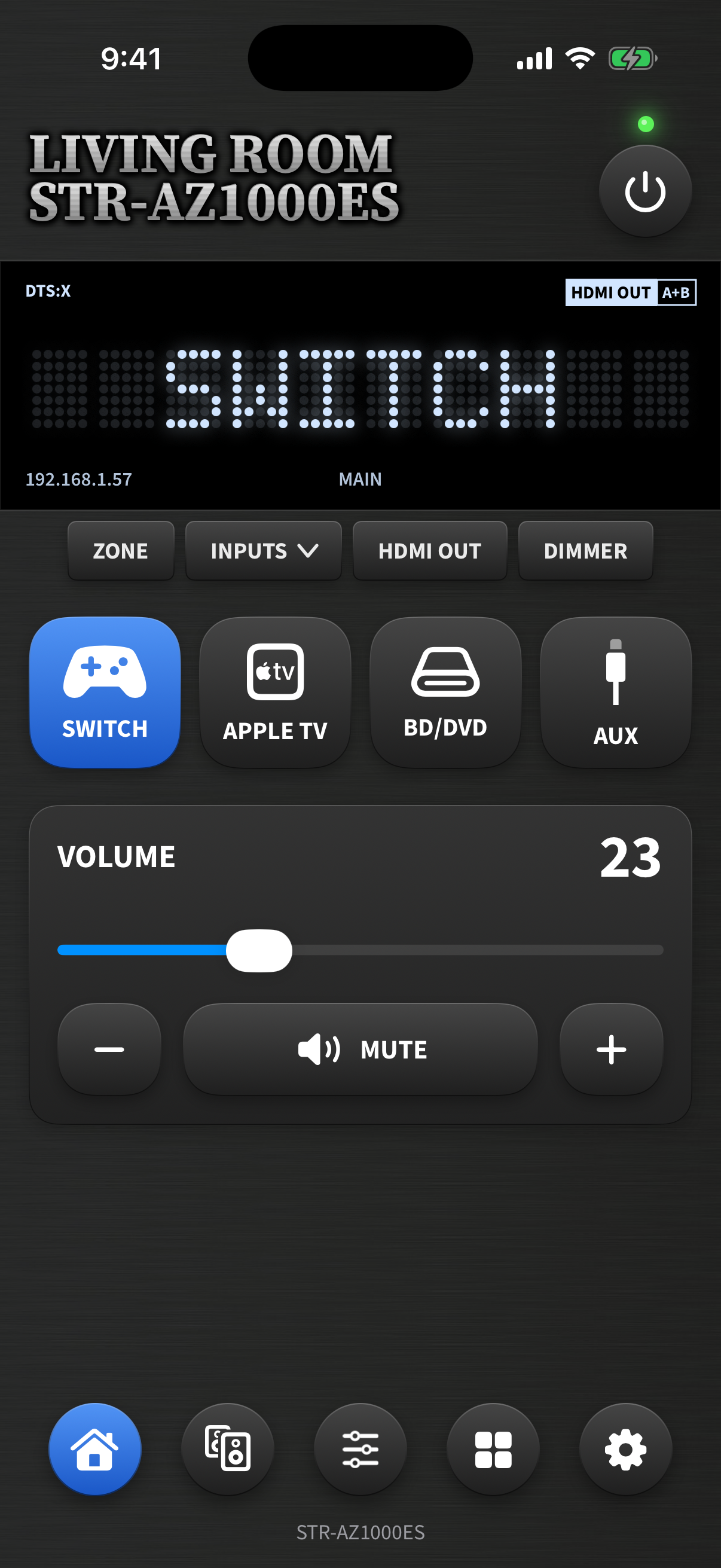 Couch Amp home screen: brushed-metal faceplate with dot-matrix display, input tiles, and volume control for a Sony STR-AZ1000ES