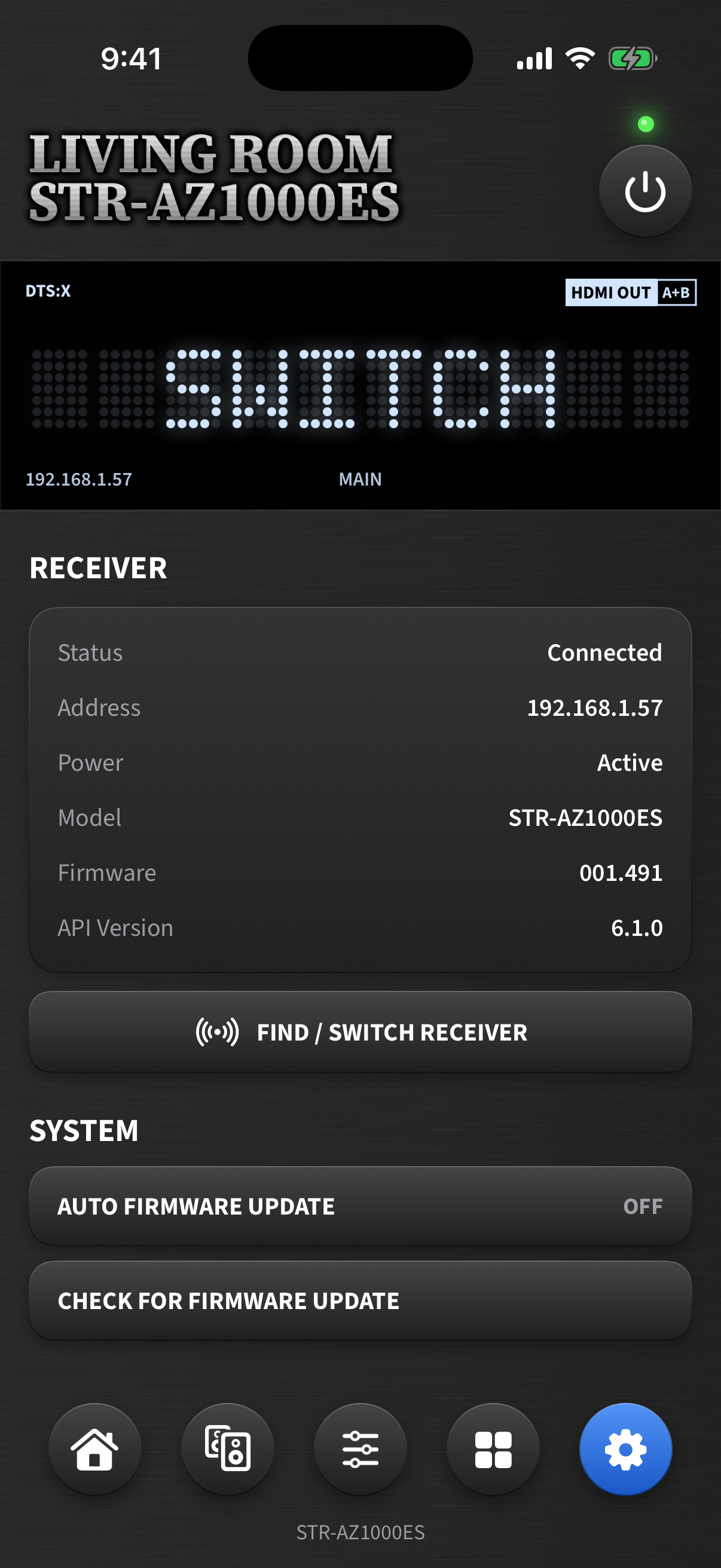 Couch Amp settings page with receiver info and firmware controls