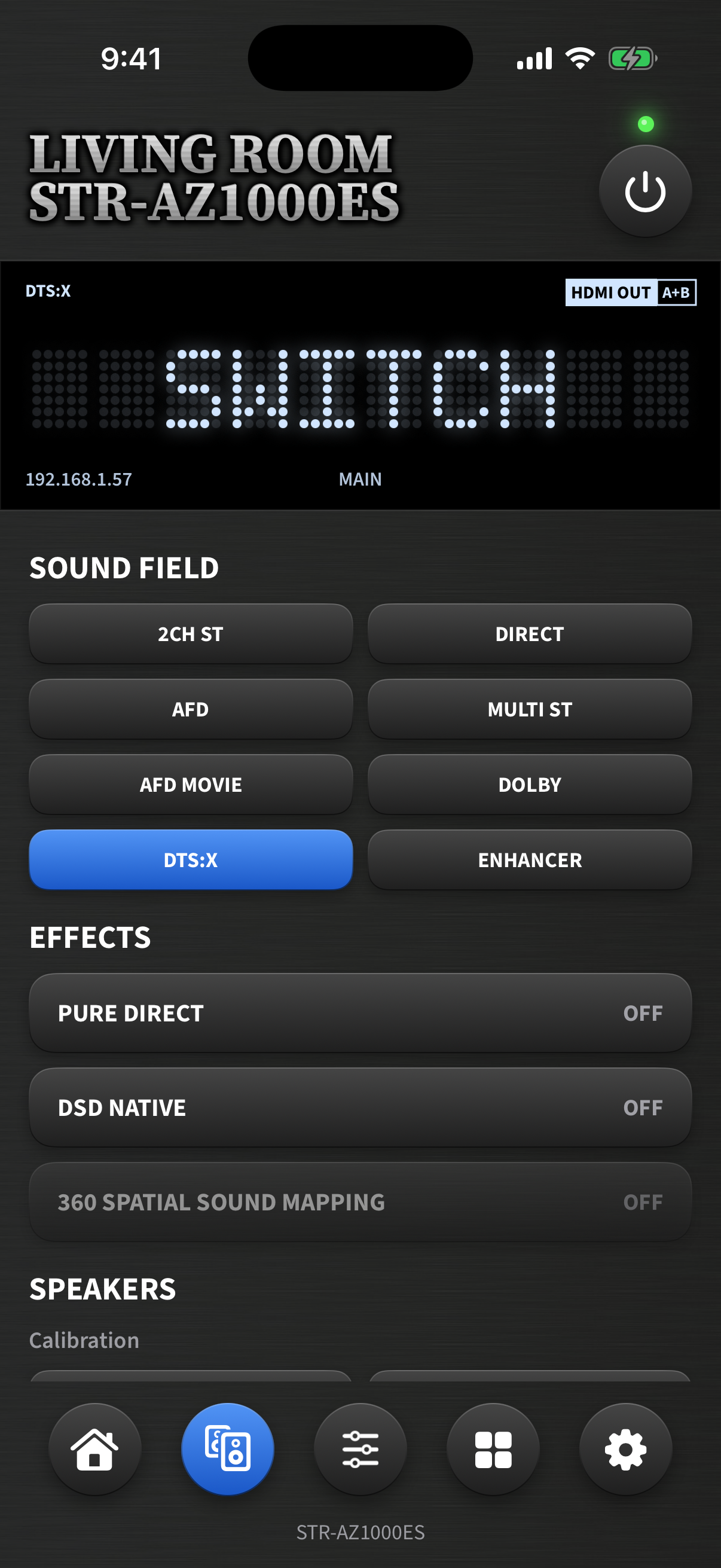 Couch Amp sound page: sound field selection, Pure Direct and DSD effects, DCAC calibration, and per-speaker level trims